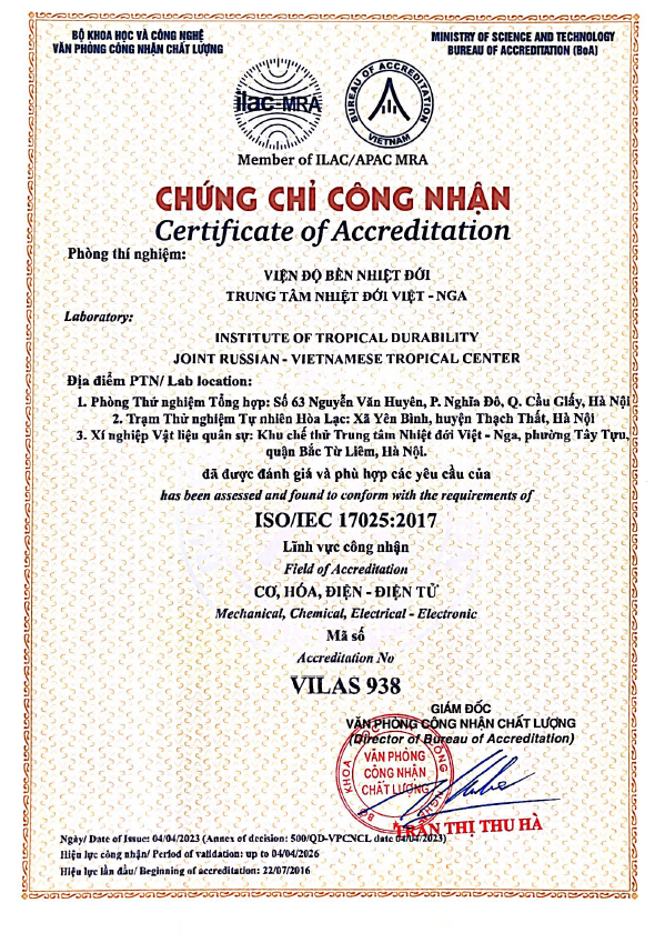 Đánh giá công nhận phòng thí nghiệm phù hợp với tiêu chuẩn ISO/IEC 17025:2017 của Văn phòng Công nhận Chất lượng (BoA) tại PTN Viện Độ bền Nhiệt đới – Trung tâm Nhiệt đới Việt – Nga